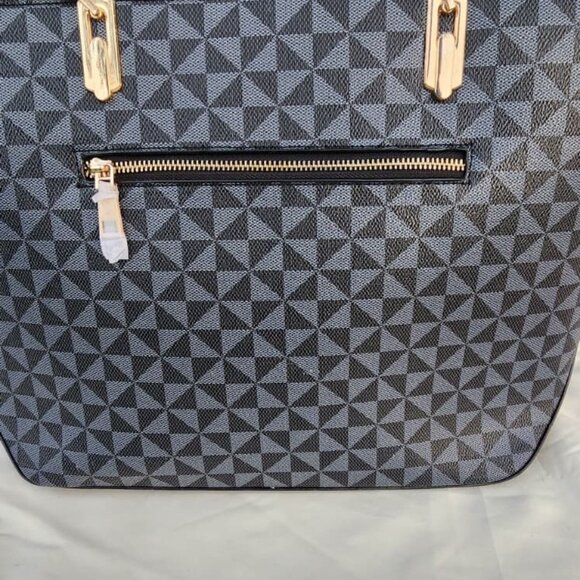 Geometric Tote Handbag Set w/ Wallet Vegan Leather Black Gray 2-in-1 - Picture 3 of 9